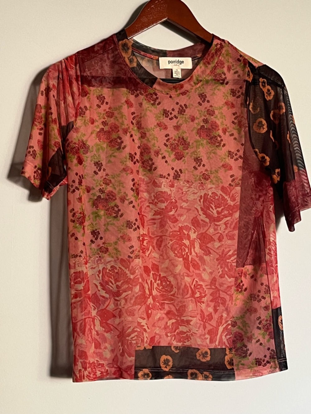 Anthropologie Mixed Floral Patchwork Short Sleeve Tee in Pink and Burgundy